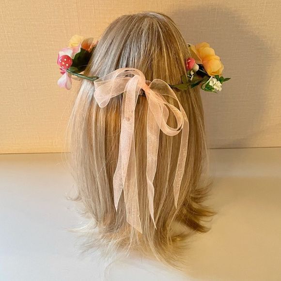 Garden Floral Head Wreath, faux flowers, on Finished Wire Base, Ribbon B… - Picture 4 of 5